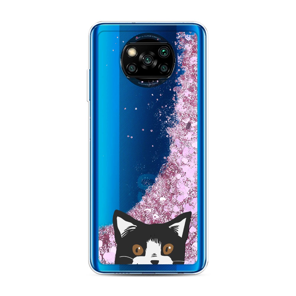 

Жидкий чехол с блестками "Подглядывающий кот" на Xiaomi Poco X3 NFC, 39294-1