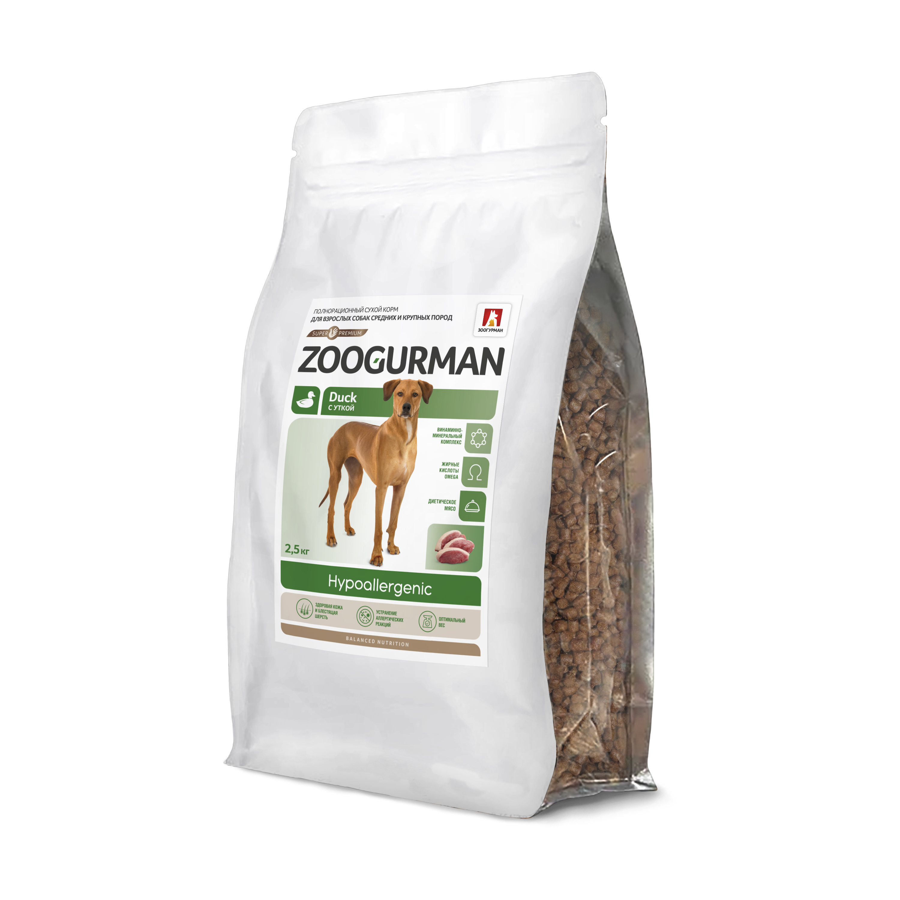 фото Сухой корм для собак средних и крупных пород zoogurman, hypoallergenic, утка, 2,5кг зоогурман