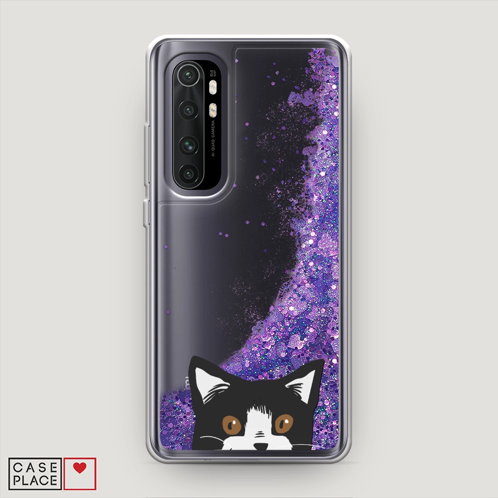 

Жидкий чехол с блестками "Подглядывающий кот" на Xiaomi Mi Note 10 lite, 38492-1