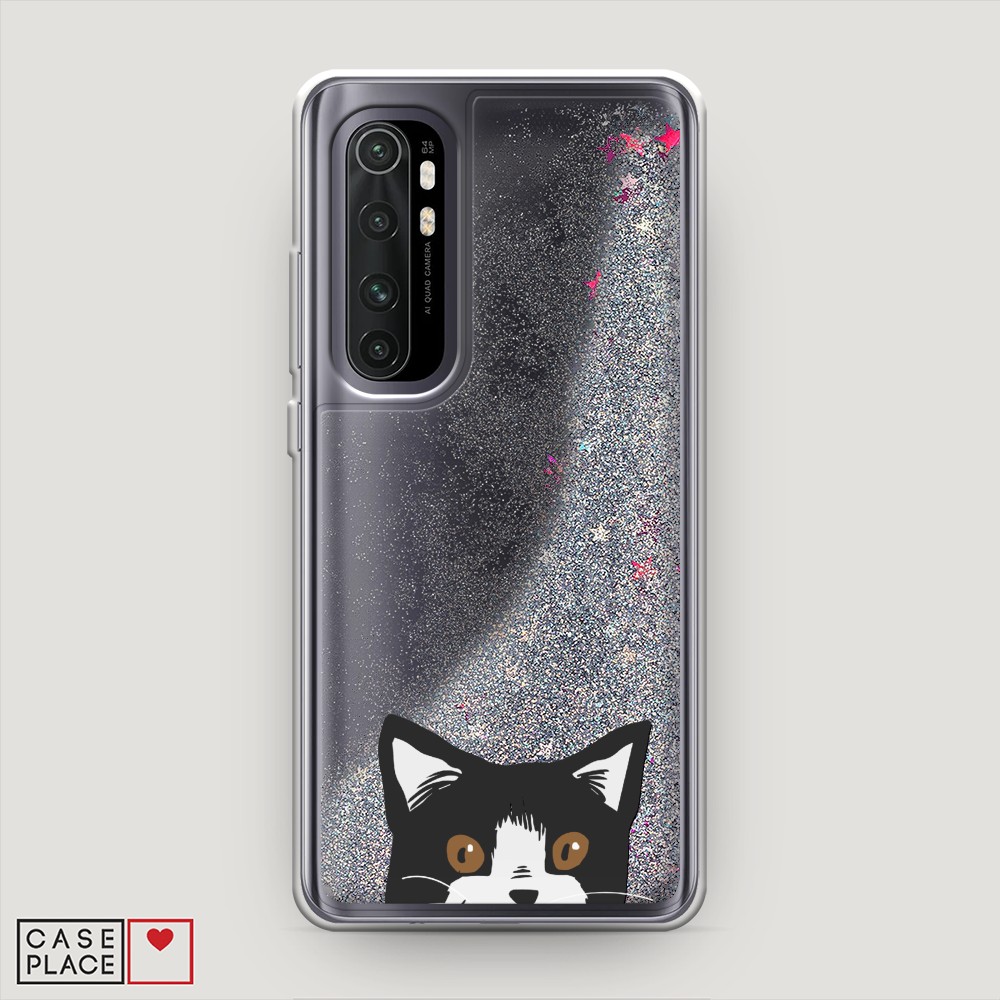 

Жидкий чехол с блестками "Подглядывающий кот" на Xiaomi Mi Note 10 lite, 38491-1