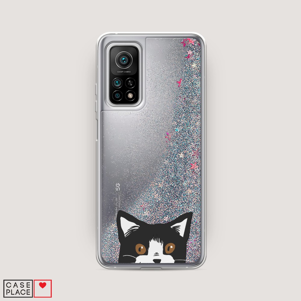 

Жидкий чехол с блестками "Подглядывающий кот" на Xiaomi Mi 10T