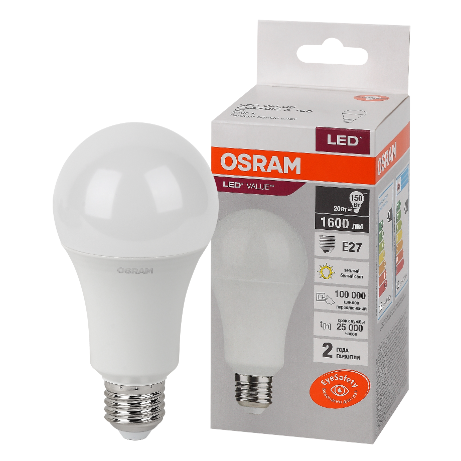 

Лампа светодиодная OSRAM LED Value A, 1600лм, 14Вт, замена 150Вт, 3000К, теплый белый