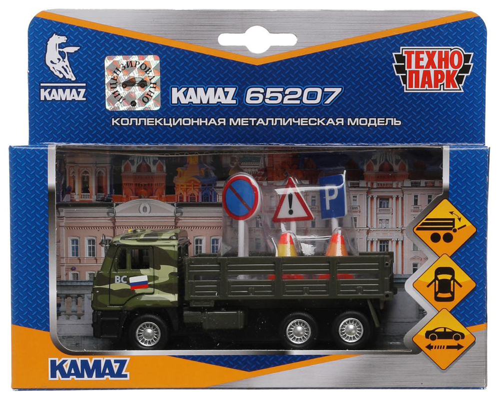 

Машинка Камаз инерционная Технопарк с дорожными знаками 12 см в ассортименте