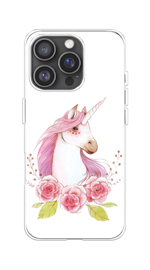 

Чехол на Apple iPhone 16 Pro "Единорог цветы", Белый;розовый;серый, 16250-1