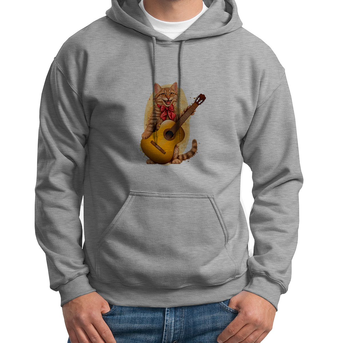 

Худи унисекс CoolPodarok Животные. Кот с гитарой серое 52 RU, Серый, S0501593