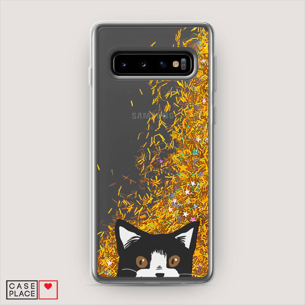 

Жидкий чехол с блестками "Подглядывающий кот" на Samsung Galaxy S10 +, 27190-1