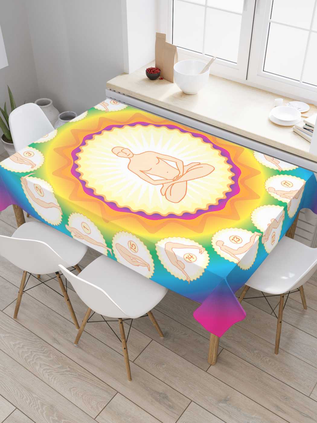 

Скатерть прямоугольная JoyArty "Позы медитации" из оксфорда, 180x145 см, Желтый, Позы медитации