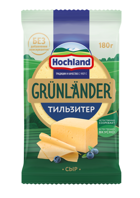 

Сыр полутвердый Grunlander Hochland, Тильзитер 45%, кусок, 180 г