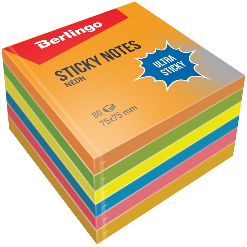 

Блок самоклеящийся Berlingo Ultra Sticky 75х75 мм 6х80 листов 6 неоновых цветов 250г, Разноцветный