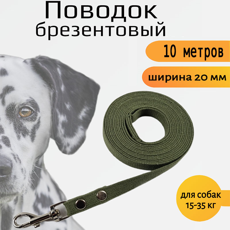 Поводок для собак Хвостатыч с карабином, брезент, зеленый, 10 м х 20 мм