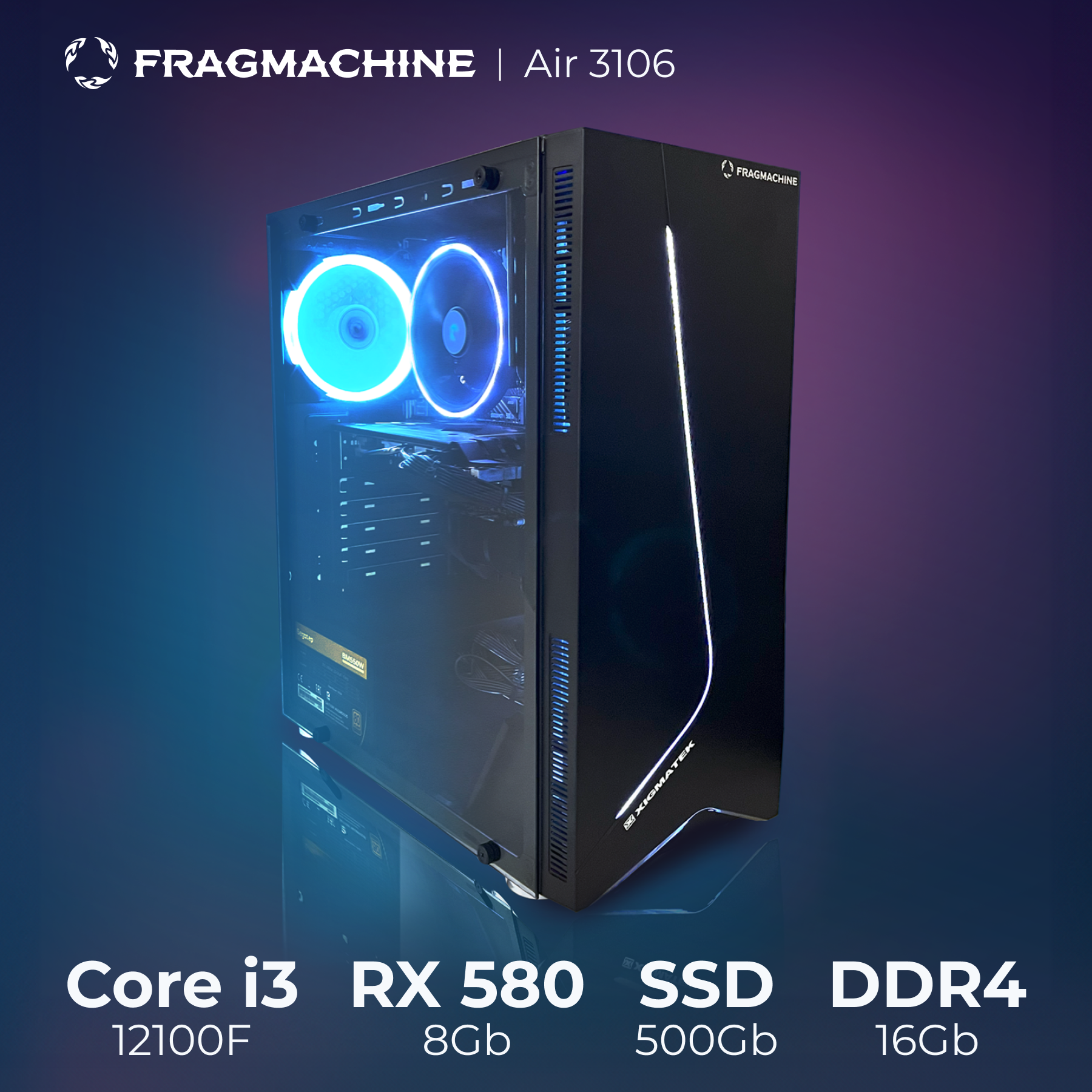 

Системный блок Fragmachine Air 3106 (i3-12100F, DDR4, RX 580 2048SP, SSD 500 Gb, 16гб), A6121R5808