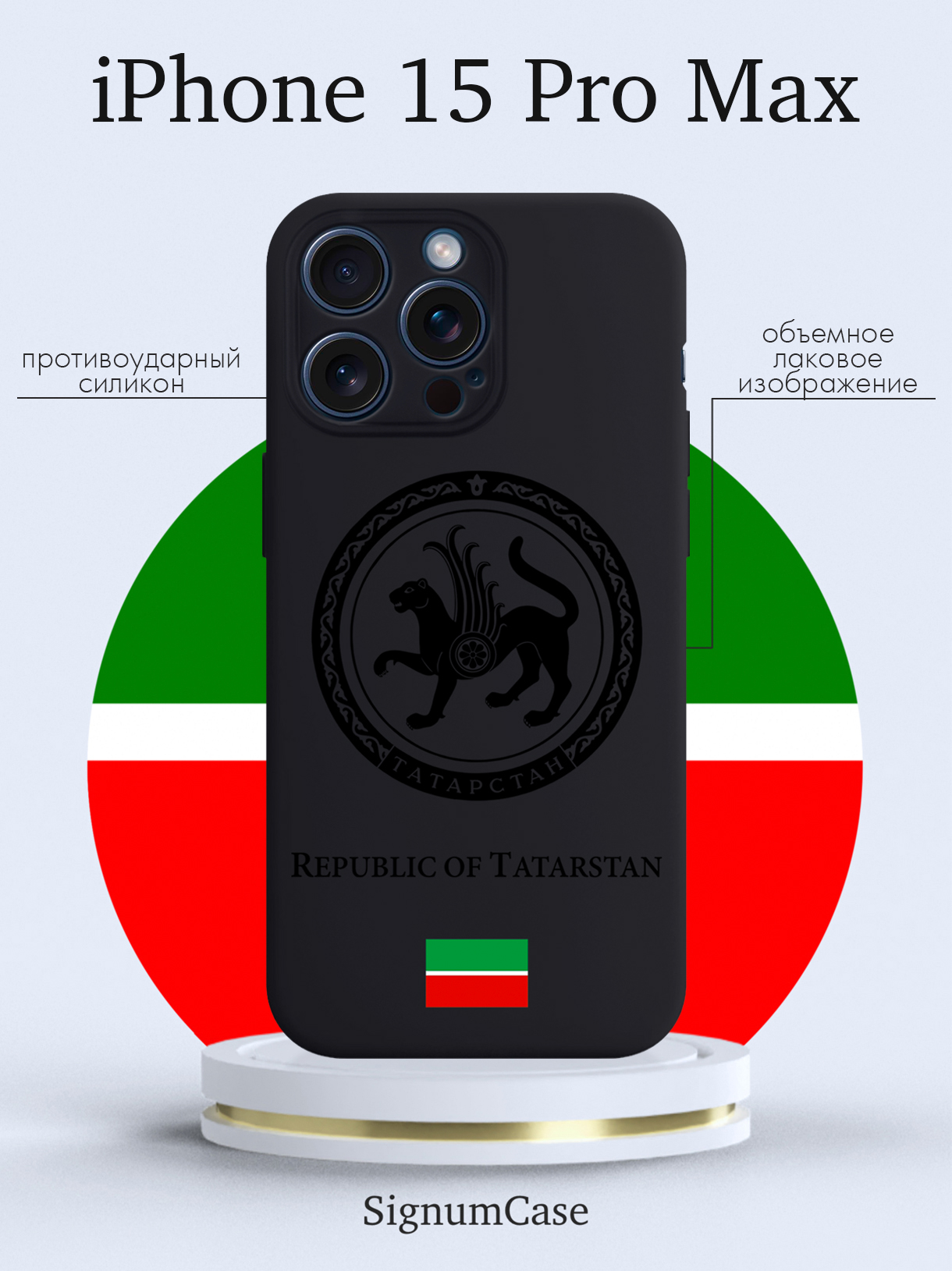 

Чехол для смартфона iPhone 15 Pro Max Черный лаковый Герб Татарстана черный