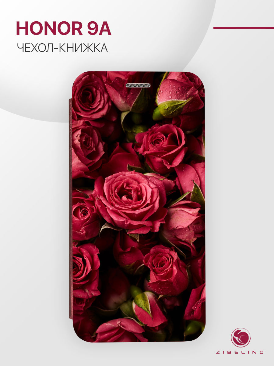 

чехол для honor 9a с рисунком, с магнитом бордовый с принтом красные розы, ZB-HUW-9A