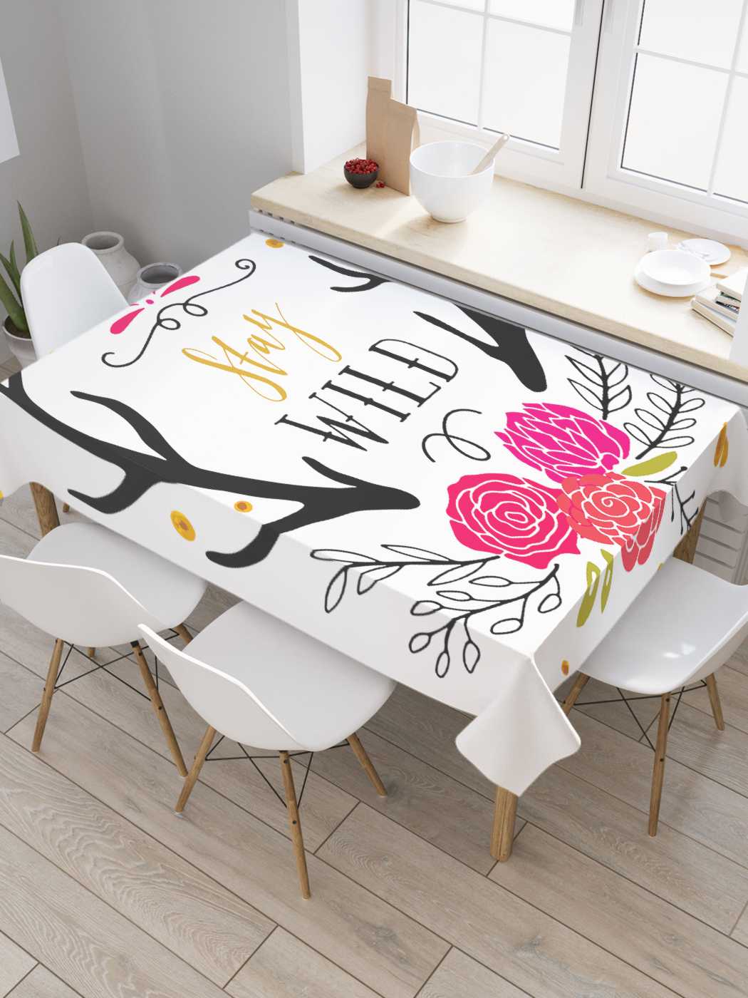 

Скатерть прямоугольная JoyArty "Оставайся диким" из оксфорда, 180x145 см, Белый, Оставайся диким