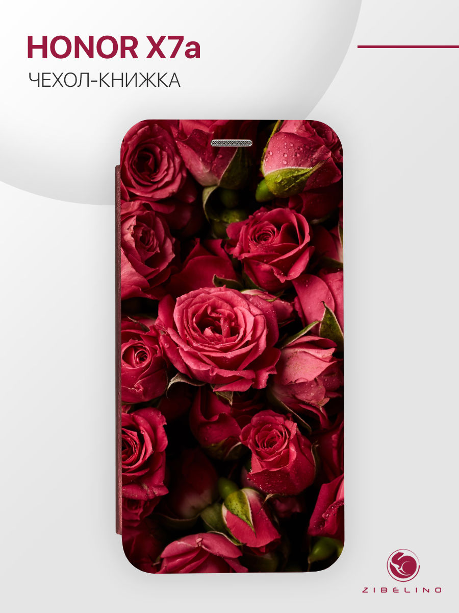 

чехол для honor x7a с рисунком, с магнитом бордовый с принтом красные розы, ZB-HON-X7A