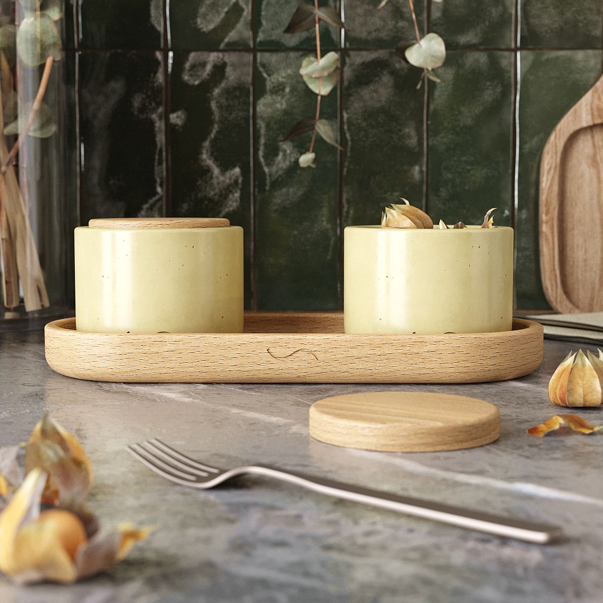 

Набор для кухни Astrid 16 поднос 26х11, емкости 9х9х7 - 2 шт., бетон, кремовый глянц