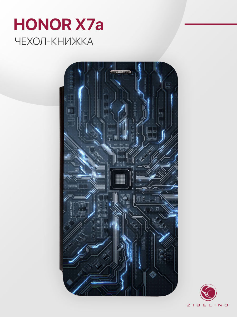 

чехол для honor x7a с рисунком, с магнитом черный с принтом токи микросхемы, ZB-HON-X7A