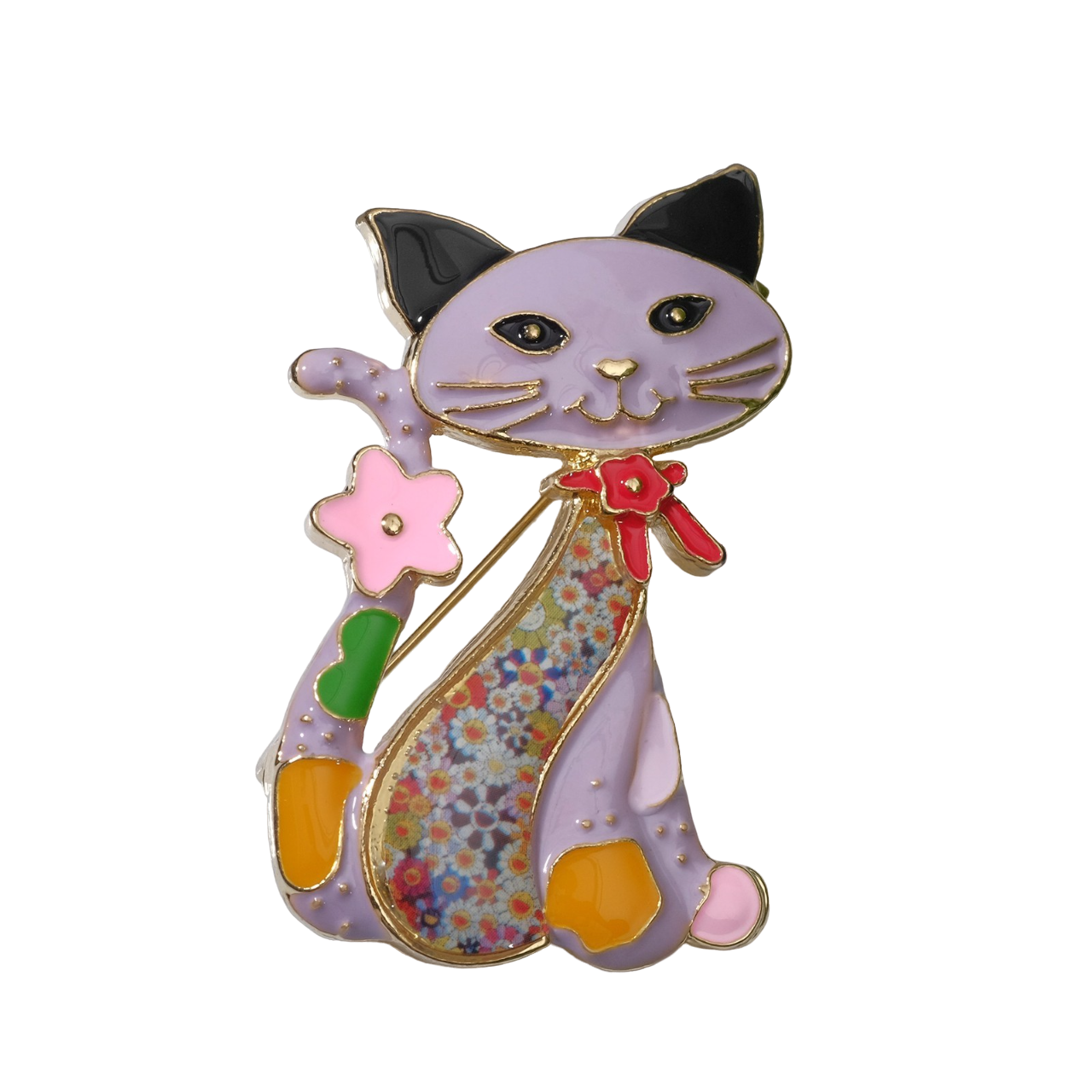 

Брошь мультяшная "Кошка" с цветами, цветная в золоте, П00000348