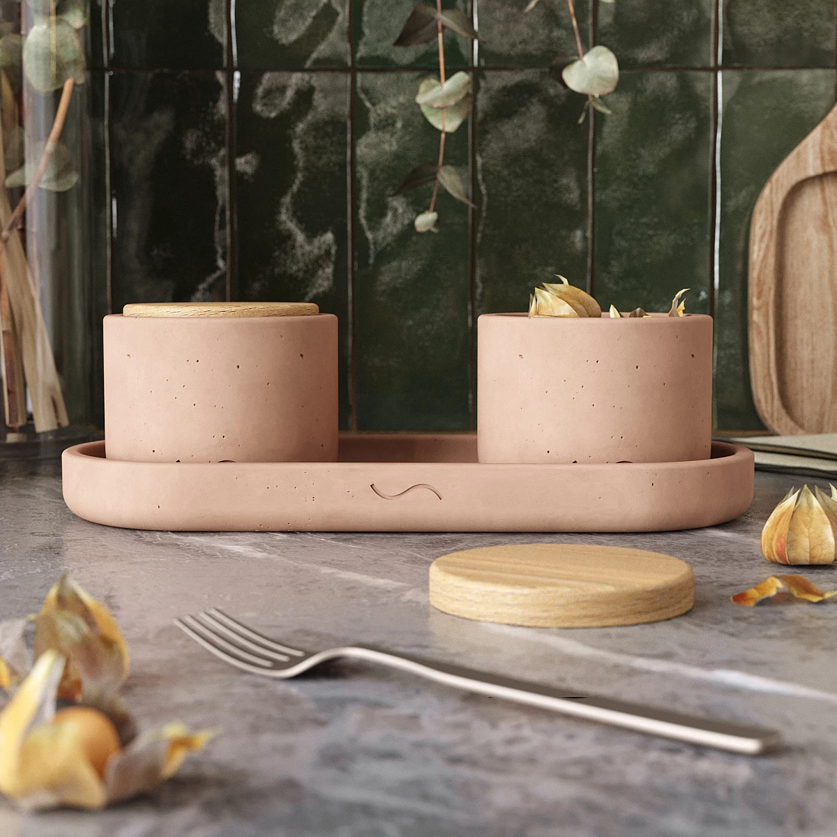 

Набор для кухни Astrid 16 поднос 26х11 , емкости 9х9х7 - 2 шт., бетон, розовый мат.