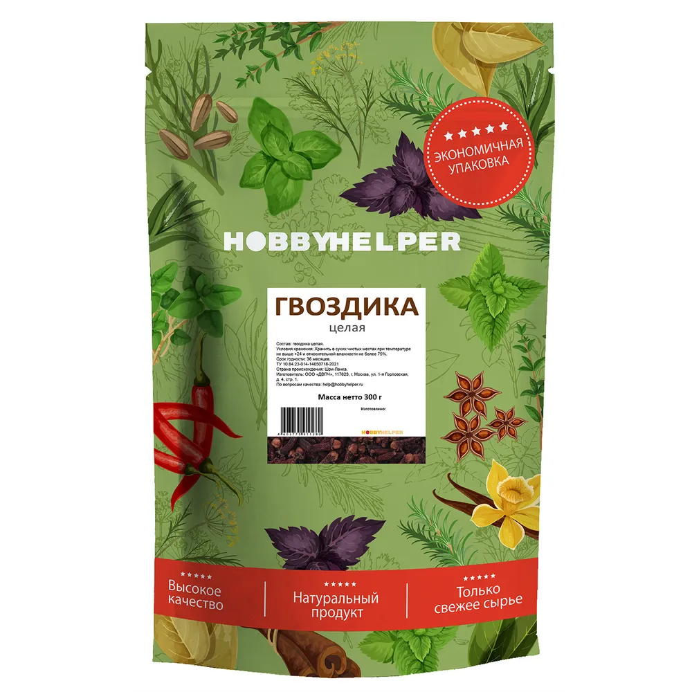 

Гвоздика целая в/сорт HOBBYHELPER дой-пак, 300 г
