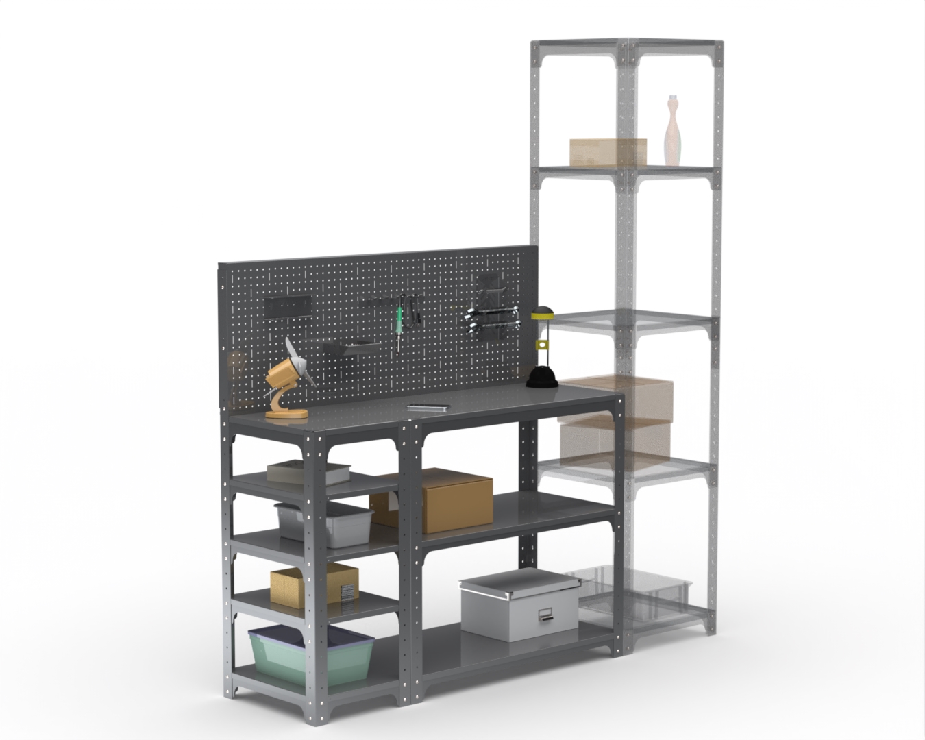 

Стол-верстак Metalex серия KIT 950х1100х600 с бок. полками, перфопанелью, серый