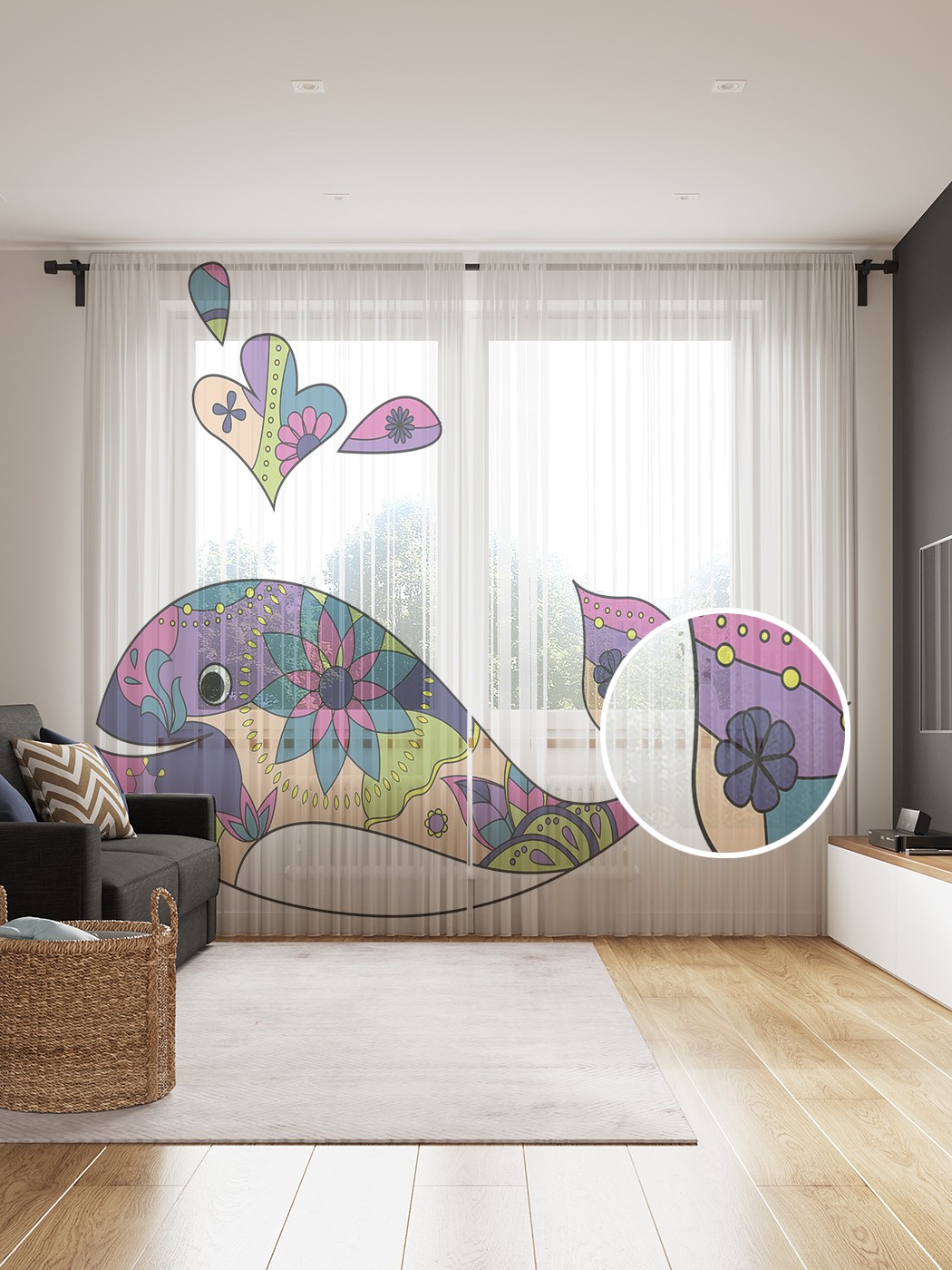 

Фототюль JoyArty "Цветочный кит", 145x265см (2 полотна со шторной лентой + 50 крючков), Цветочный кит