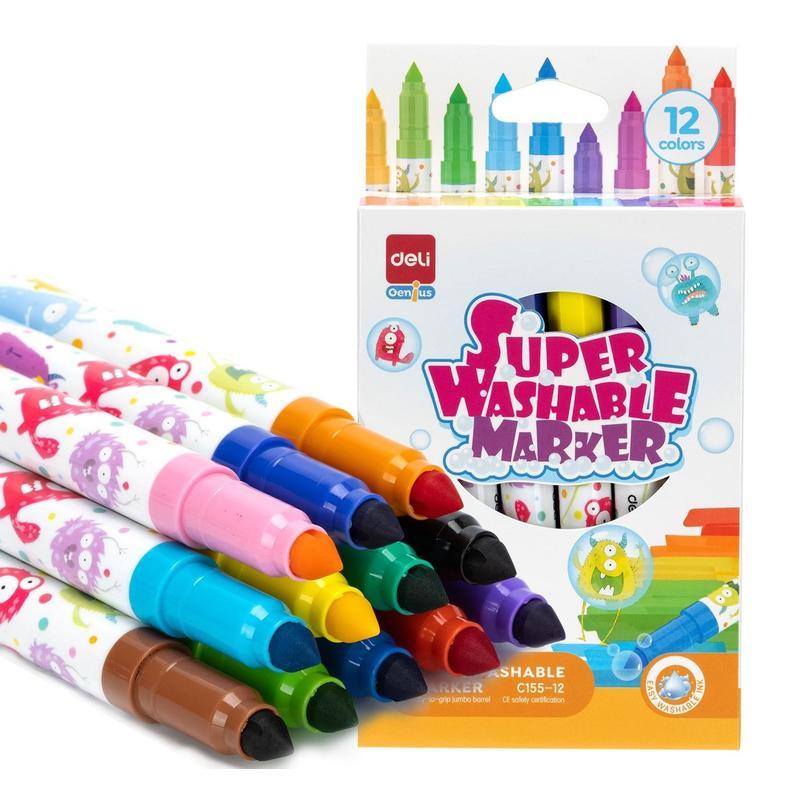 Фломастеры 12 цветов Deli Super Washable Marker (линия 6.5мм, смываемые)