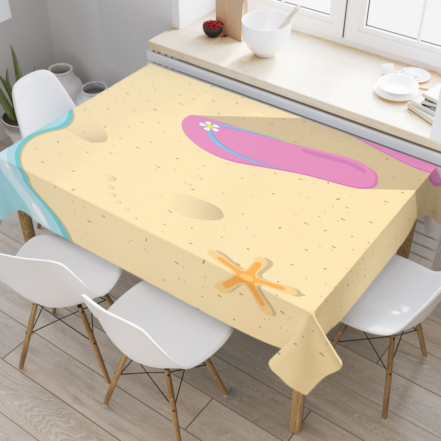 

Скатерть прямоугольная JoyArty "Шлепки на песке" из оксфорда, 180x145 см, Бежевый, Шлепки на песке