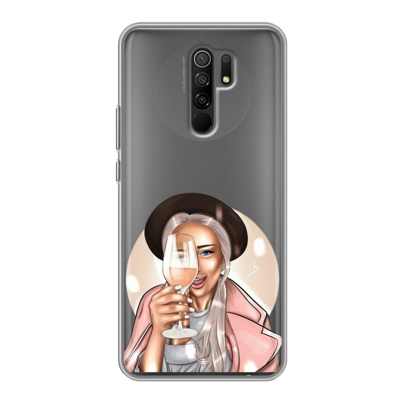 

Полупрозрачный дизайнерский силиконовый чехол для Xiaomi RedMi 9 Девушка с бокалом