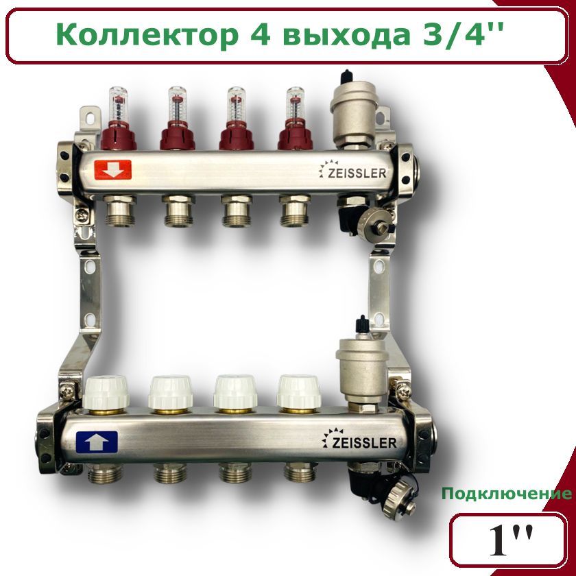 Коллектор ZEISSLER ZSc.405.0604S для водяного теплого пола с расходомерами, 4 контура фильтр тонкой очистки zeissler f07s04aam с обратной промывкой 1 нр kvs7 2 латунный корпус