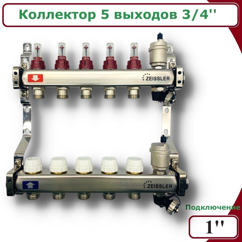 Коллектор ZEISSLER ZSc.405.0605S для водяного теплого пола с расходомерами, 5 контуров фильтр тонкой очистки zeissler f07s04aam с обратной промывкой 1 нр kvs7 2 латунный корпус