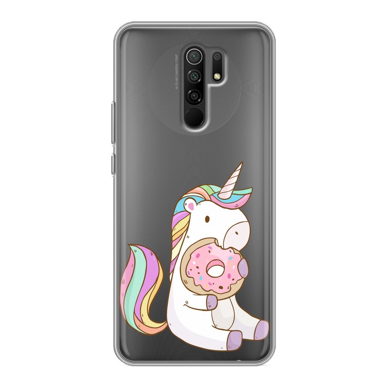 

Полупрозрачный дизайнерский силиконовый чехол для Xiaomi RedMi 9 Единорог и пончик