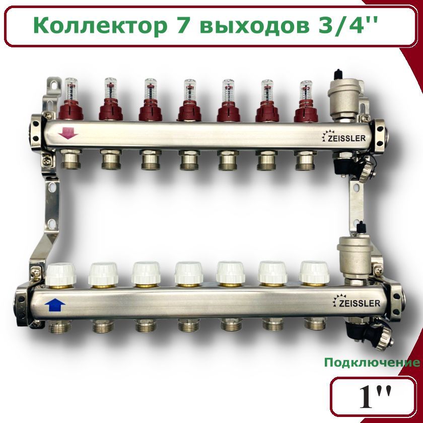 Коллектор ZEISSLER ZSc.405.0607S для водяного теплого пола с расходомерами 7 контуров