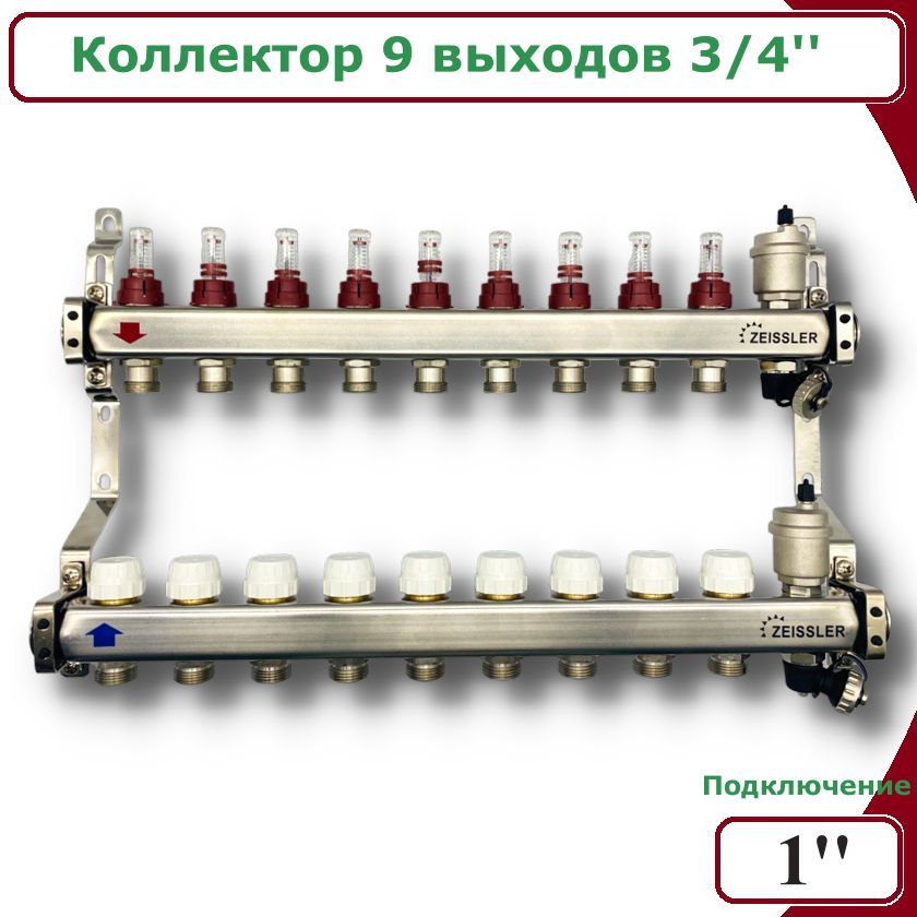 Коллектор ZEISSLER ZSc.405.0609S для водяного теплого пола с расходомерами, 9 контуров