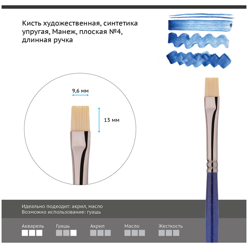 

Кисть художественная Гамма Манеж синтетика упругая плоская длинная ручка №4 (501004) 6шт