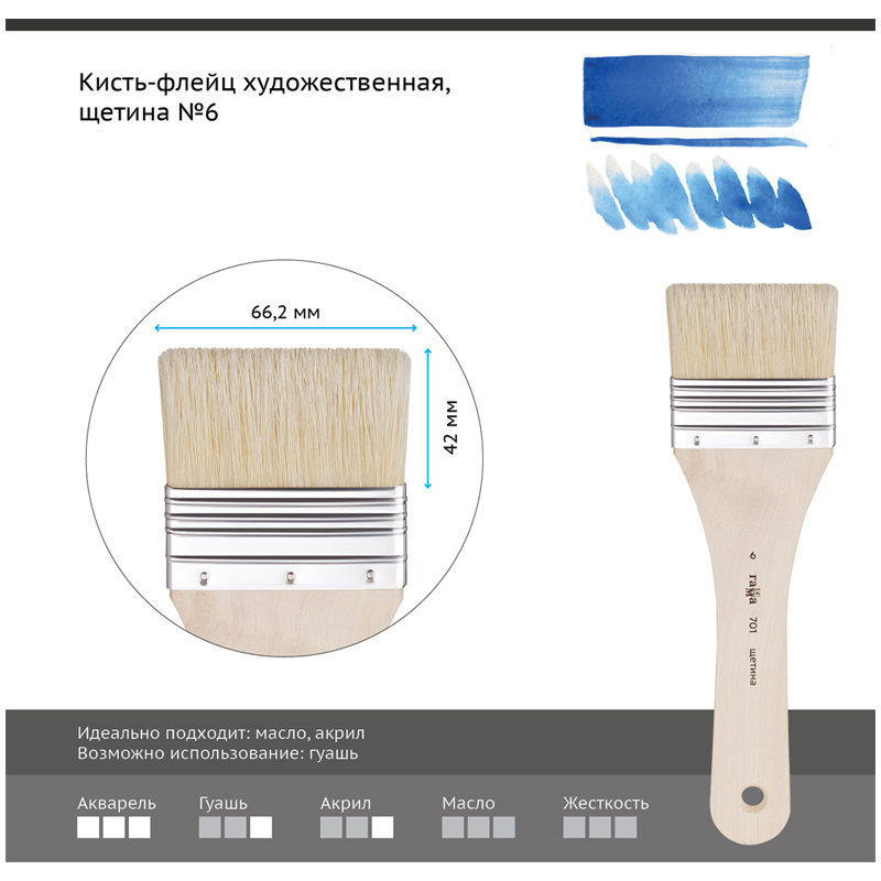 Кисть-флейц художественная Гамма, щетина, №6 (701006), 12шт.