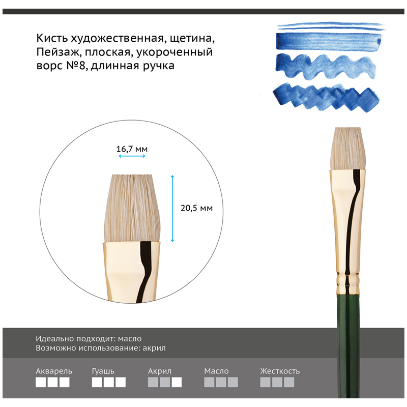 Кисть художественная Гамма Пейзаж, щетина, плоская, укороченный ворс, №8, 6шт