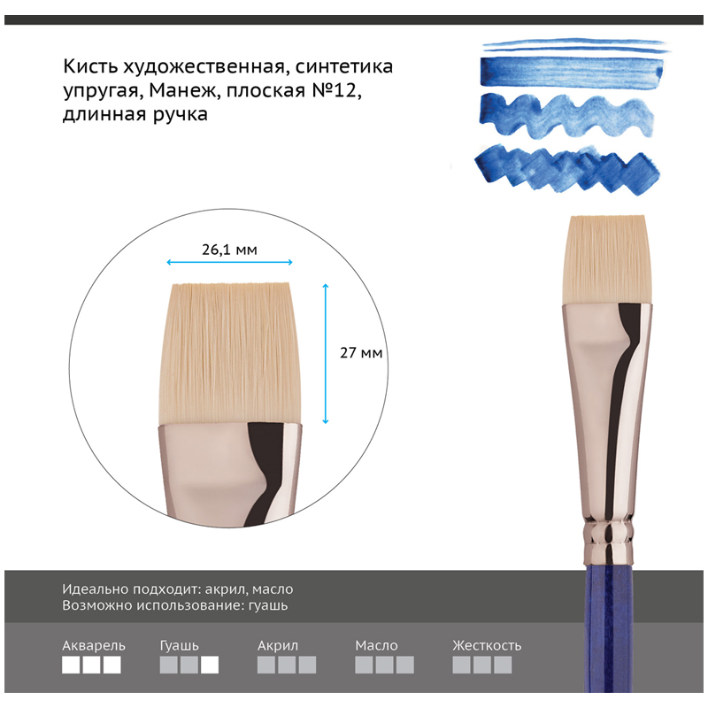 Кисть художественная Гамма Манеж синтетика упругая плоская длинная ручка №12 (501012) 6шт