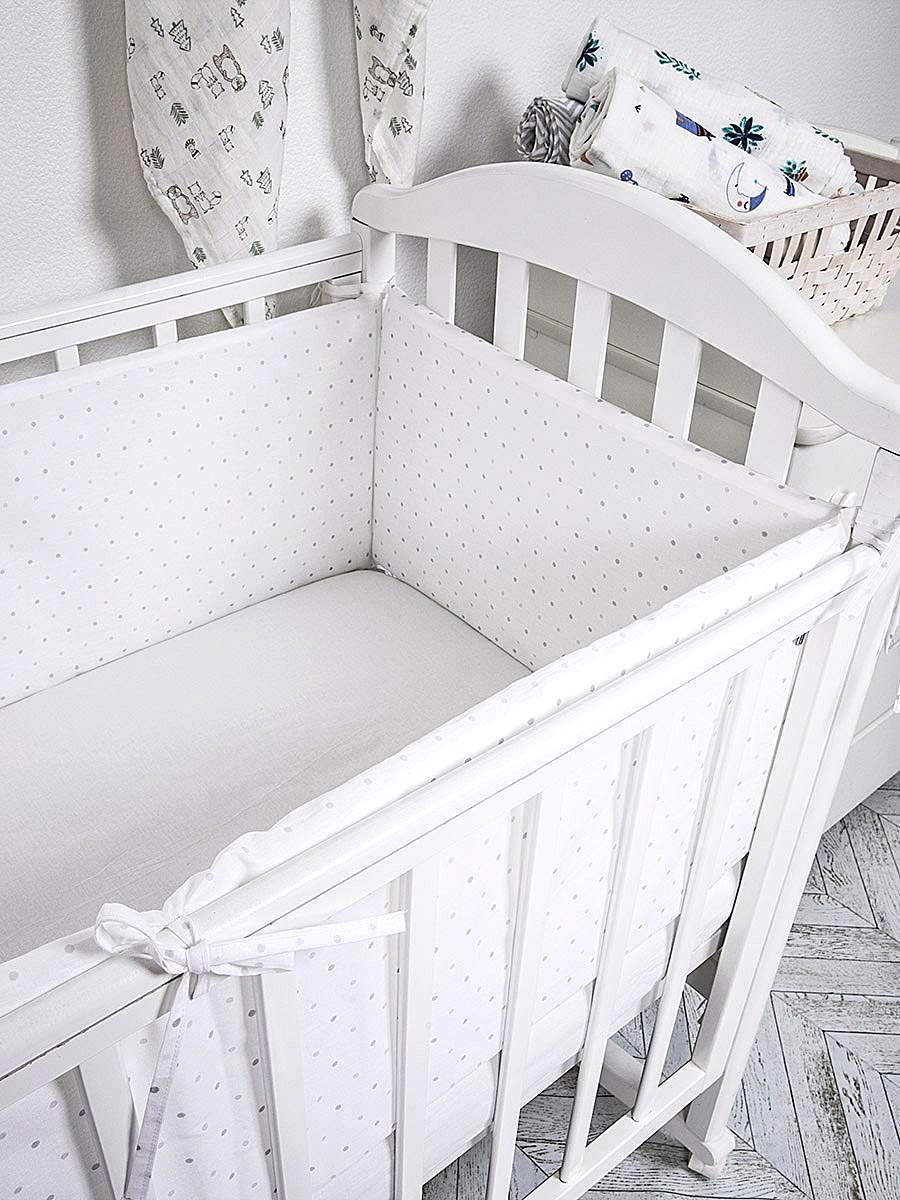 Бортики Baby Nice в кроватку для новорожденного Комплект 4шт Горох серый 2099₽