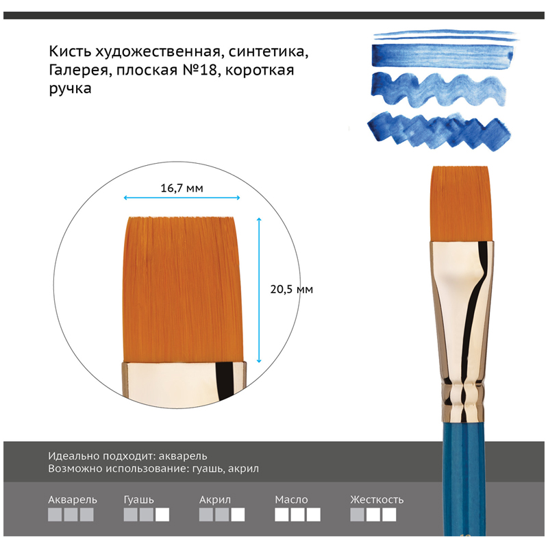 

Кисть художественная Гамма Галерея, синтетика, плоская, короткая ручка, №18 (301018), 6шт