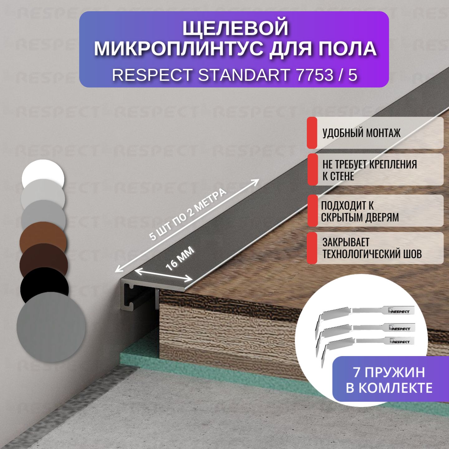 Микроплинтус Respect 2 метра антрацит крашенный по шкале RAL 7073 5 шт