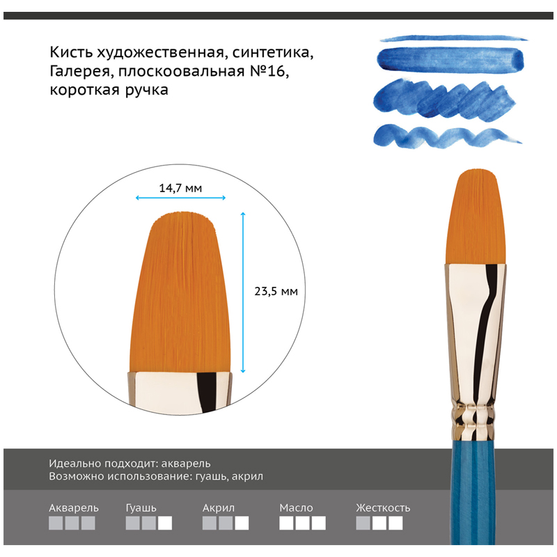 

Кисть художественная Гамма Галерея, синтетика, плоскоовальная, №16, 6шт