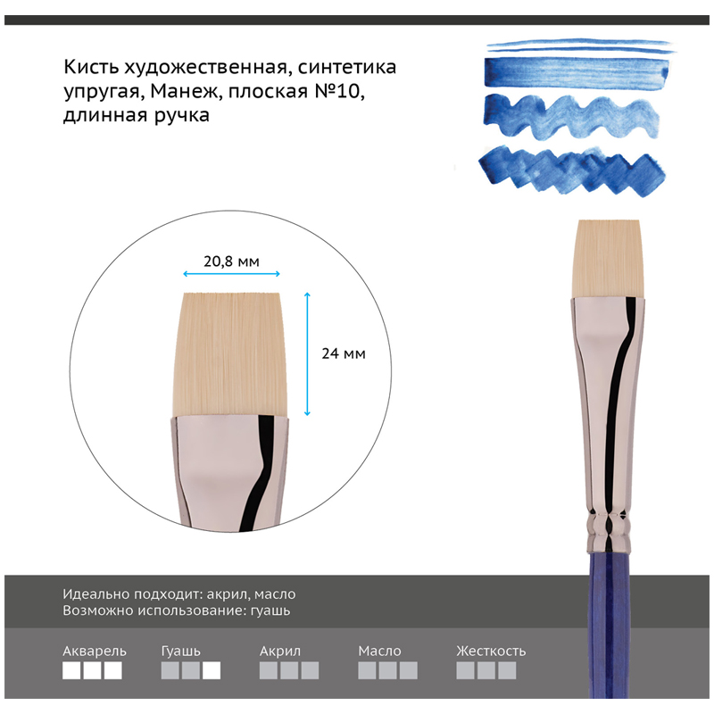 

Кисть художественная Гамма Манеж синтетика упругая плоская длинная ручка №10 (501010) 6шт