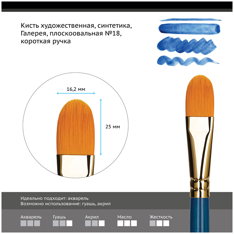 

Кисть художественная Гамма Галерея, синтетика, плоскоовальная, №18, 6шт
