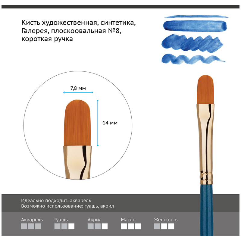 

Кисть художественная Гамма Галерея синтетика плоскоовальная короткая ручка №8 (303008) 6шт