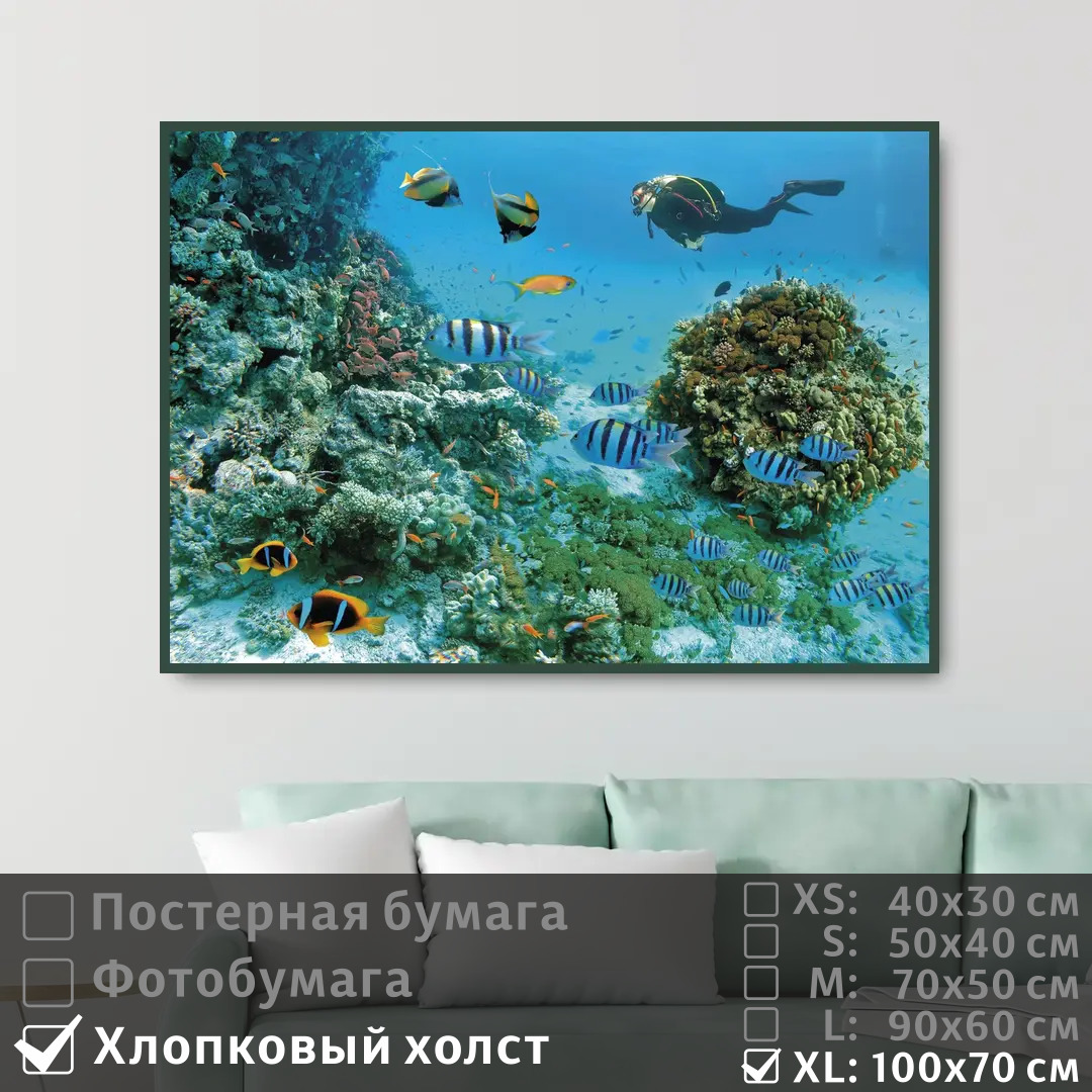 

Постер на холсте ПолиЦентр Морские рыбы под водой с дайвером 100х70 см, МорскиеРыбыПодВодойСДайвером1