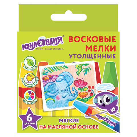 Мелки восковые 6 цветов Юнландия Юнландик и Индийский слон (D=11мм, 6гр) 24 уп