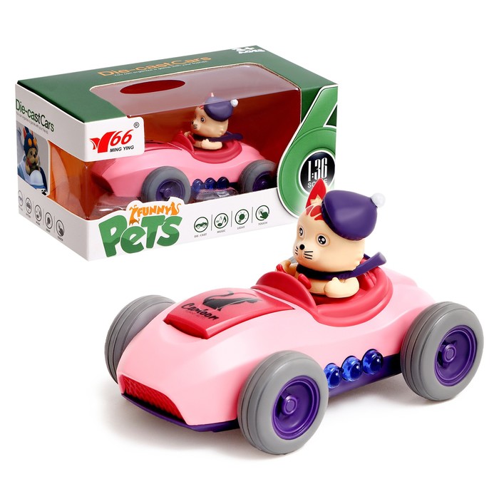 

Машинка металлическая, с кошкой, 1:36, инерция, свет, звук, цвет розовый