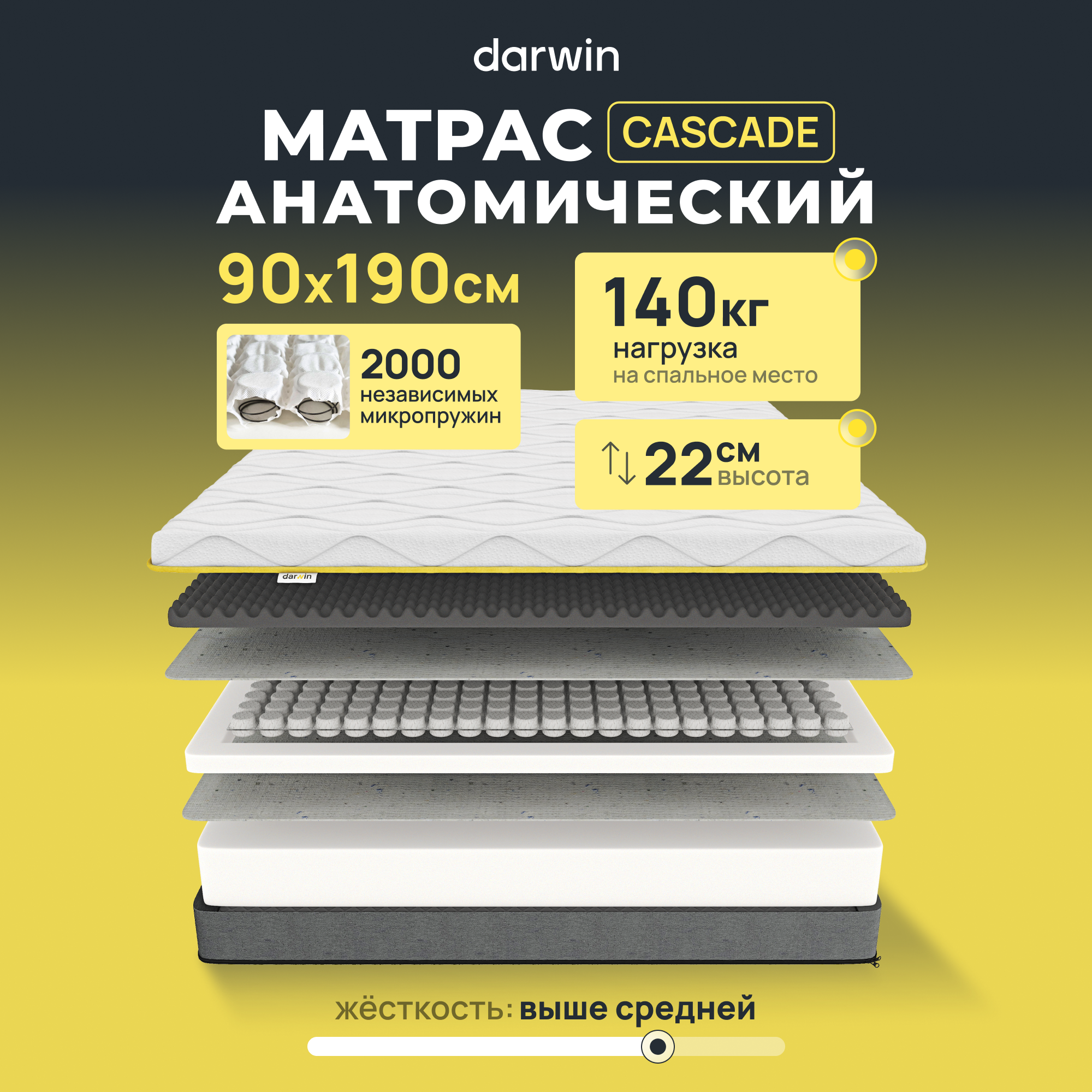 

Ортопедический матрас Darwin Cascade 90x190, независимые пружины, 22 см высота, белый, Cascade