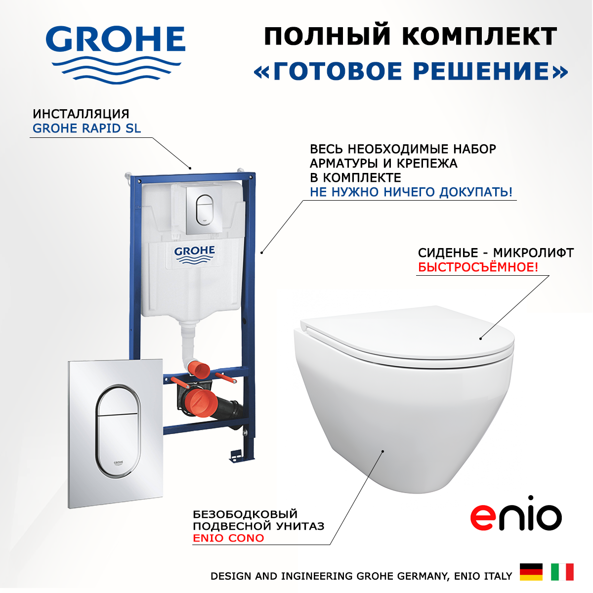 

Комплект: инсталляция Grohe Solido + унитаз Cono + кнопка хром, 553396